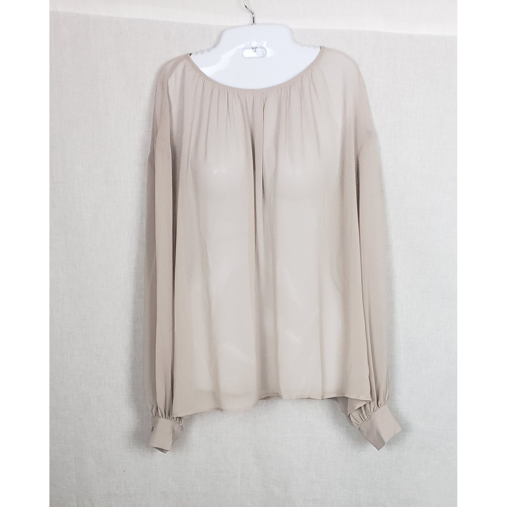 Worthington Womens 2X Beige Sheer‎ Long Sleeve Gathered Blouse Flowy Classy Work
